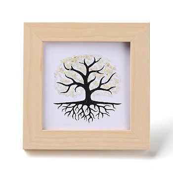 Tree of Life Natural Citrine Chips Picture Frame Stand, with Wood Square Frame, Feng Shui Money Tree Picture Frame Home Office Decoration, 66x130x120mm, Inner Diameter: 90x90mm