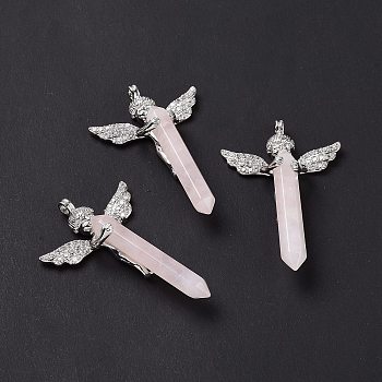 Natural Rose Quartz Faceted Double Terminal Pointed Big Pendants, Angel Charms, with Platinum Tone Brass Findings, 54~56x34~36x11~12mm, Hole: 3mm