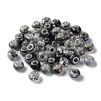 Resin European Beads, with Platinum Plated Brass Core, Rondelle, Black, 13.5x9mm, Hole: 5mm