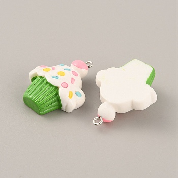 Opaque Resin Pendants, Cupcake Charms, with Platinum Tone Iron Loops, Imitation Food, Lime Green, 31x25x11mm, Hole: 1.8mm