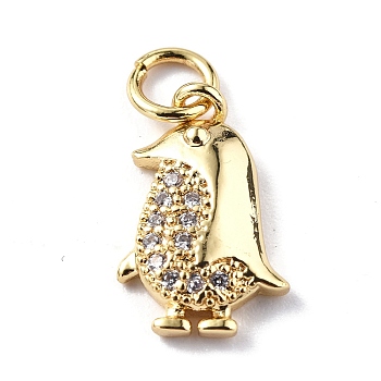 Brass Micro Pave Cubic Zirconia Charms, with Jump Ring, Penguin Charms, Real 18K Gold Plated, 14.5x9.5x2.5mm, Hole: 3mm