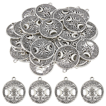 40Pcs Tibetan Style Hollow Alloy Pendants, Lead Free & Cadmium Free, Flat Round with Triple Moon Goddess, Pagan Jewelry, Antique Silver, 39x34x1.5mm, Hole: 3mm