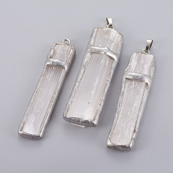 Natural Selenite Big Pendants, with Platinum Tone Brass Findings, Rectangle, 55~75x14~28x6.5~11mm, Hole: 8x4.5mm