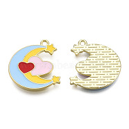 Alloy Enamel Pendants, Cadmium Free & Lead Free, Golden, Moon with Heart & Star, Light Sky Blue, 21.5x20x1.3mm, Hole: 1.6mm(PALLOY-F286-14A-G)