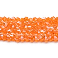 Transparent Electroplate Glass Beads Strands, Pearl Luster Plated, Faceted, Bicone, Orange Red, 3.5~3.8x3mm, Hole: 0.8mm, about 113~115pcs/strand, 14.17~14.37 inch(36~36.5cm)(EGLA-A039-T3mm-A11)