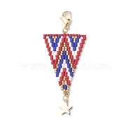 MIYUKI Delica Real 24K Gold Plated Pendant Decorations, with 304 Stainless Steel Charms and Lobster Claw Clasps, Triangle, FireBrick, 64mm, Pendants: 52x25x2mm(HJEW-MZ00037)