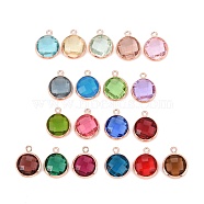 Glass Charms, with Rose Gold Plated Brass Findings, Long-Lasting Plated, Lead Free & Nickel Free & Cadmium Free, Faceted Flat Round, Mixed Color, 13.5x11x5mm, Hole: 1.4mm(KK-C228-02RG)