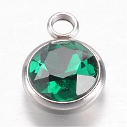 304 Stainless Steel Glass Rhinestone Charms, May Birthstone Charms, Faceted, Flat Round, Green, 14x10x7mm, Hole: 2.5mm(STAS-G082-03)