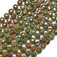 Natural Unakite Beads Strands, with Seed Beads, Faceted, Flat Round, 6~6.5x4mm, Hole: 1mm, about 50pcs/strand, 15.35''(39cm)(G-K389-B55-01)