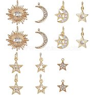 14Pcs 7 Style Brass Micro Pave Cubic Zirconia Charms, Star & Moon & Sun, Real 18K Gold Plated, 2pcs/style(ZIRC-FH0001-10)