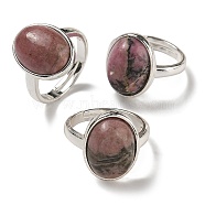 Natural Rhodonite Oval Adjustable Rings, Lead Free & Cadmium Free, Silver Plated Brass Finger Rings for Women Men, Oval: 18x14mm, Inner Diameter: 18mm(RJEW-K371-07S-17)