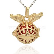 Golden Tone Brass Hollow Round Cage Pendants, with No Hole Spray Painted Brass Round Beads, Red, 31x30x21mm, Hole: 3x8mm(KK-J234-03G)