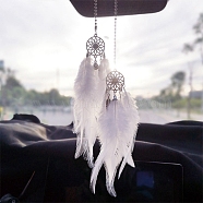 Alloy Woven Net/Web with Feather Pendant Decotations, with Dyed Feather, Wall Hanging Ornament for Car, Home Decor, Flat Round with Flower, White, Feather: 145~150mm,  Flat Round: 25mm in diameter(FEAT-PW0001-121A)