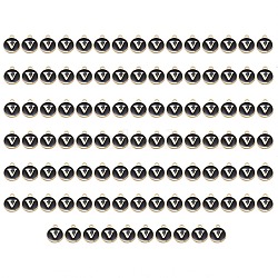 Golden Plated Enamel Alloy Charms, Enamelled Sequins, Flat Round, Black, Letter.V, 14x12x2mm, Hole: 1.5mm, 100pcs/Box(ENAM-SZ0001-26B-V)