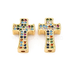 Brass Micro Pave Cubic Zirconia Beads, Cross, Real 16K Gold Plated, 13.5x9x3.5mm, Hole: 1.4mm(KK-S510-03G)