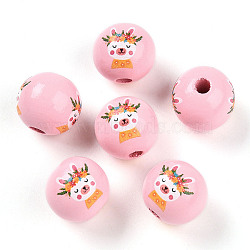 Easter Theme Printed Wood Beads, Round, Pink, 14.5~15x15.5~16.5mm, Hole: 4~4.5mm(WOOD-T032-22T)