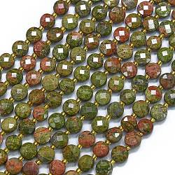 Natural Unakite Beads Strands, with Seed Beads, Faceted, Flat Round, 6~6.5x4mm, Hole: 1mm, about 50pcs/strand, 15.35''(39cm)(G-K389-B55-01)