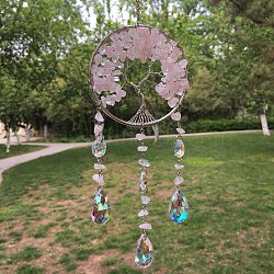 Metal Wire Wrapped Natural Rose Quartz Chips Flat Round with Tree of Life Pendant Decorations. Hanging Suncatchers, with Glass Teardrop Charm, 300x80mm(TREE-PW0003-11B)