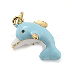 Dolphin Rack Plating Brass Enamel Pendants, with Jump Ring, Long-Lasting Plated, Cadmium Free & Lead Free, Real 18K Gold Plated, Sky Blue, 20x16x11mm, Hole: 3.8mm(KK-Q804-09G)