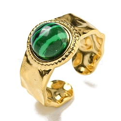 304 Stainless Steel Open Cuff Rings, Synthetic Malachite Round Wide Band Rings for Women Men, Real 18K Gold Plated, Adjustable(RJEW-C079-18G-01)