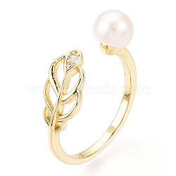 Natural Pearl Open Cuff  Ring Micro Pave Clear Cubic Zirconia, Brass Finger Rings, Leaf, Real 18K Gold Plated, US Size 8(18.1mm)(PEAR-N022-C05)