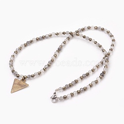Triangle Alloy Blank Tag Pendant Necklaces, with Natural Cloud Quartz, Pyrite Round Beads and 304 Stainless Steel Lobster Claw Clasps, Antique Bronze & Stainless steel Color, 21.2 inch(54cm)(NJEW-JN02233)