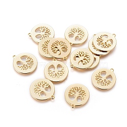 Brass Pendants, Flat Round with Tree of Life, Real 18K Gold Plated, 18x16x0.8mm, Hole: 1.5mm(KK-L180-063G)