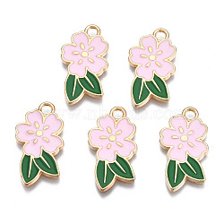 Alloy Enamel Pendants, Cadmium Free & Lead Free, Light Gold, Flower, Pink, 24.5x14.5x1.5mm, Hole: 2mm(ENAM-Q446-002E-RS)