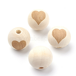 Unfinished Wood Beads, Natural Wooden Loose Beads Spacer Beads, Round with Heart, Old Lace, 18.5~19x17.5mm, Hole: 3.5~4mm(X-WOOD-S036-07)