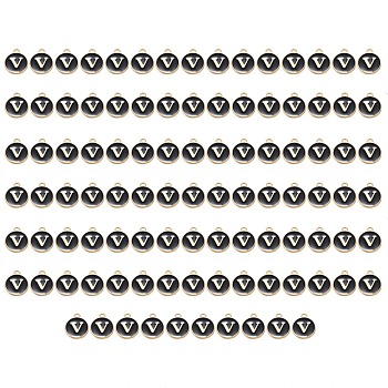Golden Plated Enamel Alloy Charms, Enamelled Sequins, Flat Round, Black, Letter.V, 14x12x2mm, Hole: 1.5mm, 100pcs/Box
