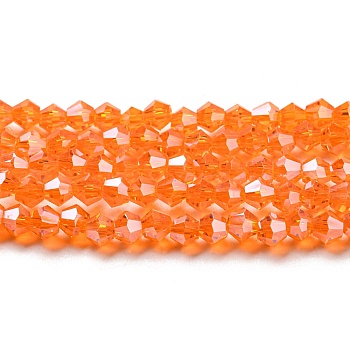 Transparent Electroplate Glass Beads Strands, Pearl Luster Plated, Faceted, Bicone, Orange Red, 3.5~3.8x3mm, Hole: 0.8mm, about 113~115pcs/strand, 14.17~14.37 inch(36~36.5cm)