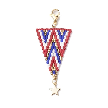 MIYUKI Delica Real 24K Gold Plated Pendant Decorations, with 304 Stainless Steel Charms and Lobster Claw Clasps, Triangle, FireBrick, 64mm, Pendants: 52x25x2mm