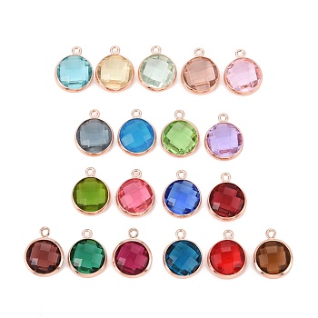 Glass Charms, with Rose Gold Plated Brass Findings, Long-Lasting Plated, Lead Free & Nickel Free & Cadmium Free, Faceted Flat Round, Mixed Color, 13.5x11x5mm, Hole: 1.4mm