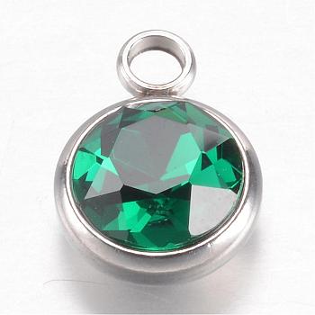 304 Stainless Steel Glass Rhinestone Charms, May Birthstone Charms, Faceted, Flat Round, Green, 14x10x7mm, Hole: 2.5mm