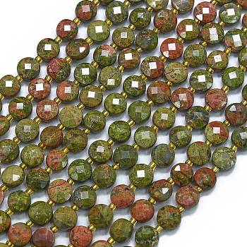 Natural Unakite Beads Strands, with Seed Beads, Faceted, Flat Round, 6~6.5x4mm, Hole: 1mm, about 50pcs/strand, 15.35''(39cm)