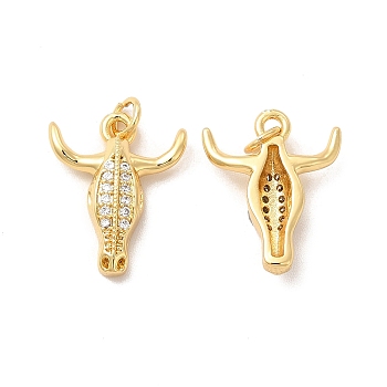 Rack Plating Brass Micro Pave Cubic Zirconia Pendants, with Jump Ring, Cadmium Free & Lead Free, Long-Lasting, Cattle, Real 18K Gold Plated, 18x14.5x4.5mm, Hole: 3mm