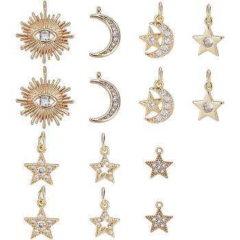 14Pcs 7 Style Brass Micro Pave Cubic Zirconia Charms, Star & Moon & Sun, Real 18K Gold Plated, 2pcs/style