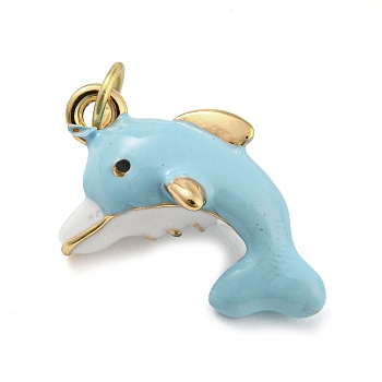 Dolphin Rack Plating Brass Enamel Pendants, with Jump Ring, Long-Lasting Plated, Cadmium Free & Lead Free, Real 18K Gold Plated, Sky Blue, 20x16x11mm, Hole: 3.8mm