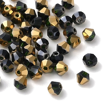 Transparent Electroplate Glass Beads, Half Golden Plated, Faceted, Bicone, Dark Olive Green, 4.5x4mm, Hole: 1mm, 500Pcs/bag