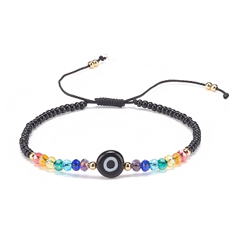 Lampwork Evil Eye & Glass Beaded Bracelet, Braided Adjustable Bracelet for Women, Black, Inner Diameter: 2-1/2~3-7/8 inch(6.2~9.7cm)