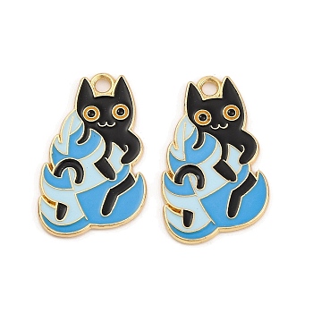 Plant & Animal Alloy Enamel Pendants, Golden, Cat with Leaf, Deep Sky Blue, 26x25.5x1mm, Hole: 2mm