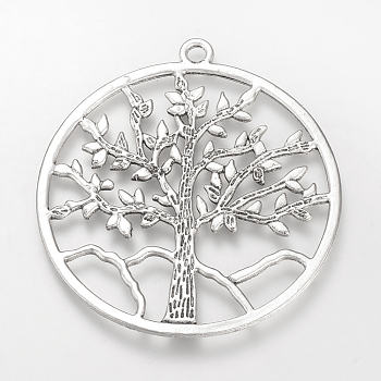 Tibetan Style Alloy Pendants, Cadmium Free & Lead Free, Ring with Tree of Life, Big Pendants, Antique Silver, 61x56.5x1.5mm, Hole: 3mm, about 80pcs/1000g