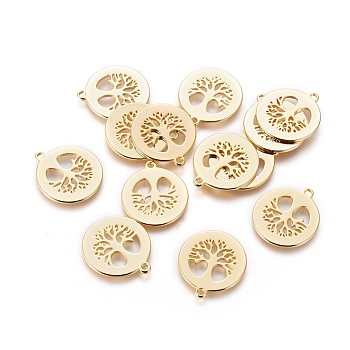 Brass Pendants, Flat Round with Tree of Life, Real 18K Gold Plated, 18x16x0.8mm, Hole: 1.5mm