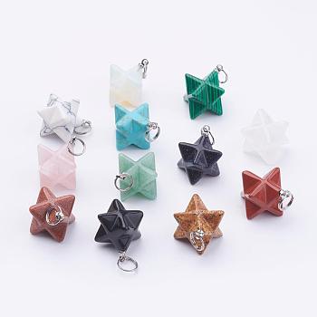 Natural & Synthetic Mixed Stone Pendants, with 201 Stainless Steel Split Rings, Stainless Steel Color, Merkaba Star, 22~23x16.5~17x19mm, Hole: 6mm