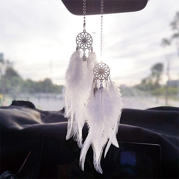 Alloy Woven Net/Web with Feather Pendant Decotations, with Dyed Feather, Wall Hanging Ornament for Car, Home Decor, Flat Round with Flower, White, Feather: 145~150mm,  Flat Round: 25mm in diameter
