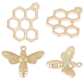 12Pcs 2 Style Brass Charms, Bee & Honeycomb
, Real 18K Gold Plated, 15~19x16~18x1.5~3mm, Hole: 1~1.4mm, 6pcs/style