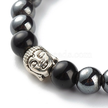 Natural Obsidian & Non-Magnetic Synthetic Hematite Round Beads Energy Stretch Bracelet for Men Women(BJEW-JB06968-01)-4