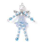 Glass Seed & Acrylic Pearl Beaded Big Pendants, with Alloy Fairy Wing & 304 Stainless Steel Findings, Angel Charms, Light Sky Blue, 52x40x18mm, Hole: 1.6mm(PALLOY-MZ00194-01)