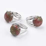 Adjustable Natural Unakite Finger Rings, with Brass Findings, US Size 7 1/4(17.5mm)(RJEW-F075-01F)