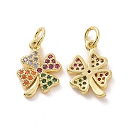 Brass Micro Pave Colorful Cubic Zirconia Charms, with Jump Ring, Four Leaf Clover, Real 18K Gold Plated, 14x10x2mm, Hole: 3.2mm(KK-E068-VF123)